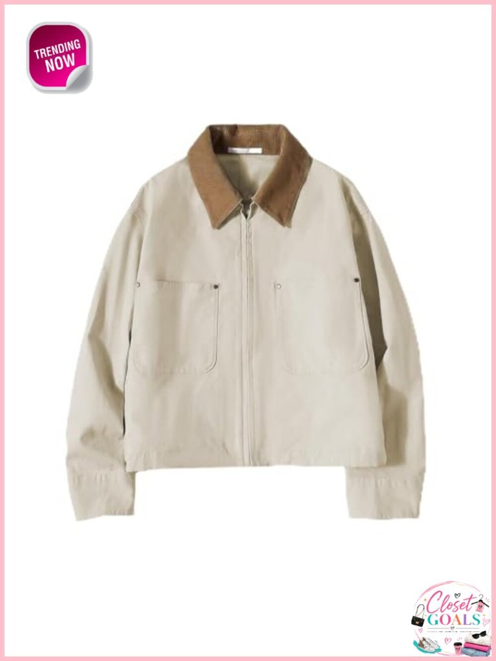 Womens Cropped Cotton Canvas Barn Jacket Corduroy Collar Utility Zip Up Coat
